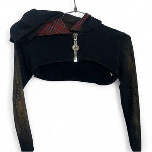 Junker Designs Hooded Cropped Shrug Hoodie Plaid Hood Black Small